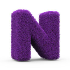 Uppercase N fluffy and furry letter, 3D rendering isolated on white background