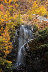 Fototapeta na wymiar Beautiful waterfall Autumn scene in Yading Nature Reserve, Daocheng County, Sichuan, China