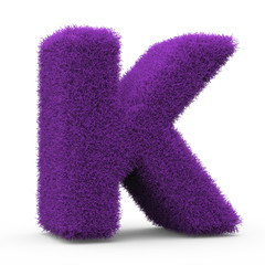 Uppercase K fluffy and furry letter, 3D rendering isolated on white background