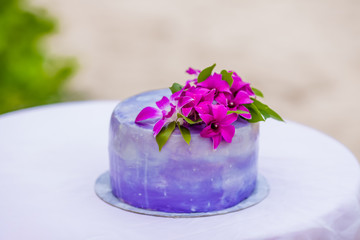 Tropical wedding cake for bride and groom to cut during destination wedding marriage outdoor ceremony on the sandy beach in Dominican republic 