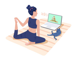 Yoga online classes. Girl watching online sport tutorials on laptop and working out at home with a cat. Concept ilustration isolated on white.