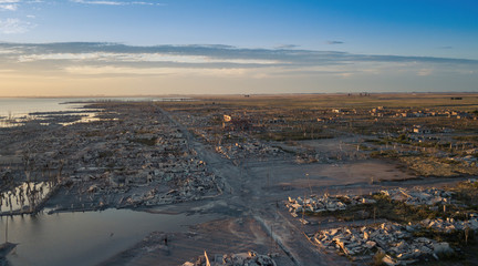 aerial view of a city that seems to have been bombed, in villa epecuen, province of Buenos Aires, Argentina.