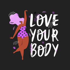 Love your body. Motivational and inspiring banner with decorative elements. Flat vector illustration.