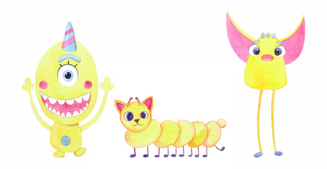 Three funny yellow monsters. Set of watercolor characters. Children's illustration