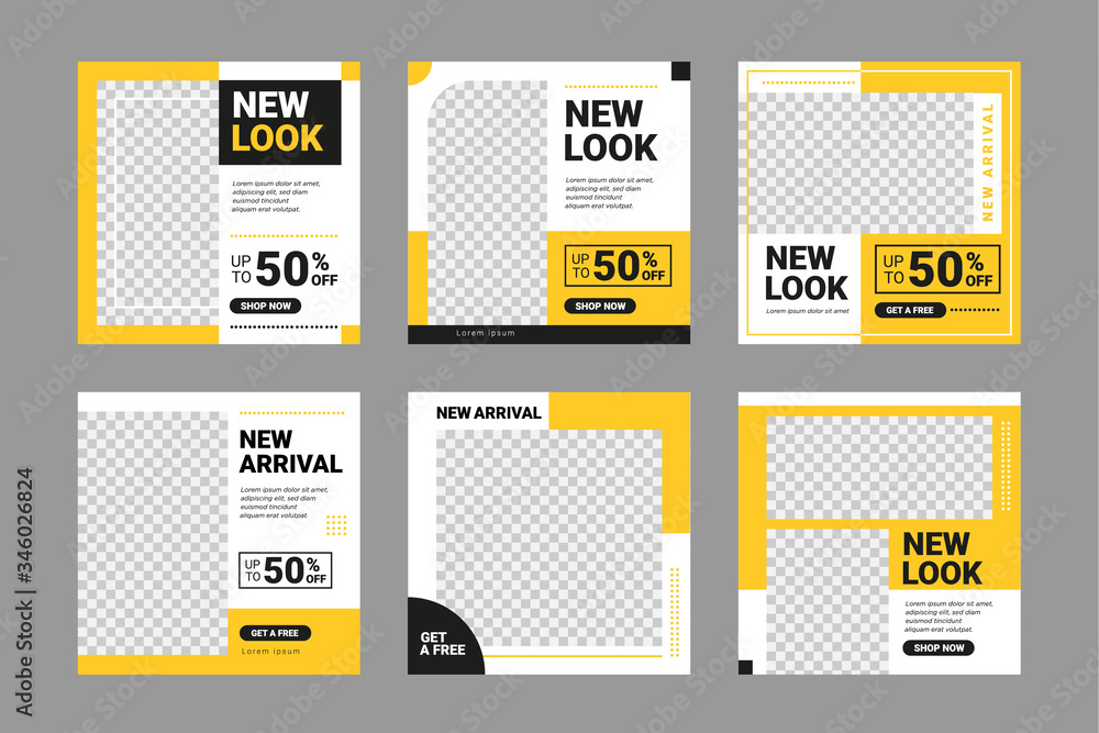 Canvas Prints set of editable square banner template. black and yellow background color with stripe line shape. su