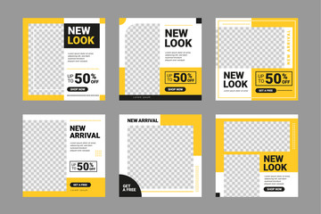 Set of Editable square banner template. Black and yellow background color with stripe line shape. Suitable for social media post, instagram and web internet ads. Vector illustration with photo college