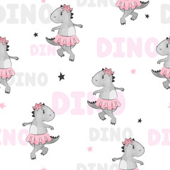 Cartoon baby Dino pattern for kids design. Vector dinosaur girl background.