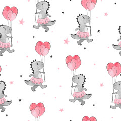 Seamless pattern with cartoon dinosaur girl and heart balloons. Dino background.