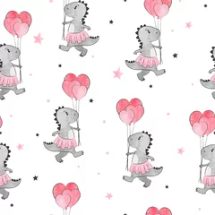 Wallpaper murals Animals with balloon Seamless pattern with cartoon dinosaur girl and heart balloons. Dino background.