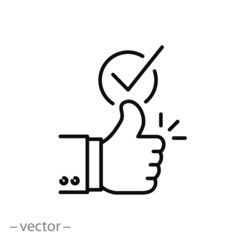 positive approval icon, good feedback, like recommend, thumb up with check, thin line web symbol on white background - editable stroke vector illustration eps10