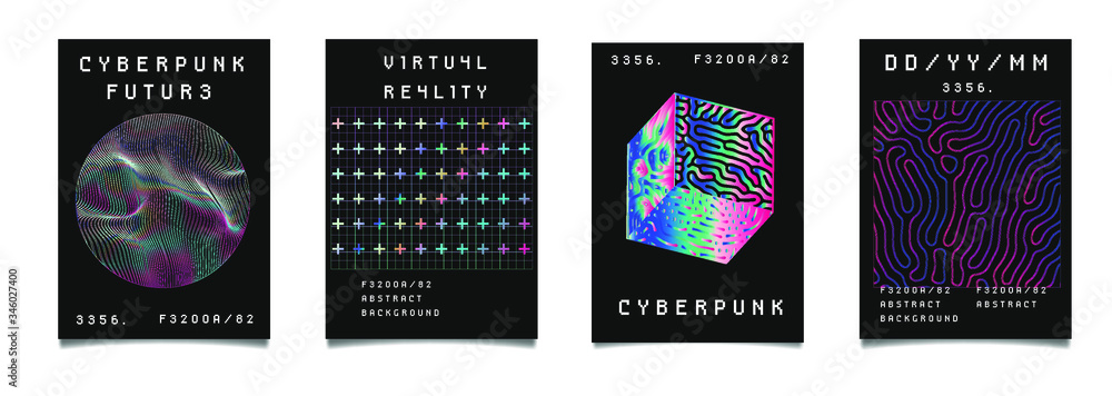 Poster set of vaporwave and synthwave style posters neon 3d figures. collection of futuristic cyberpunk cov