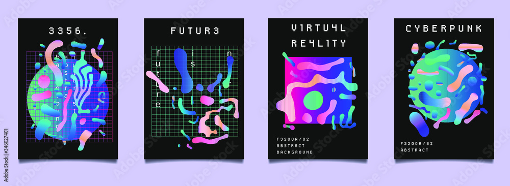 Poster Set of vaporwave and synthwave style posters with liquid blobs in holographic vibrant color tones. Collection of futuristic cyberpunk covers for electronic music party, club or bar night event.