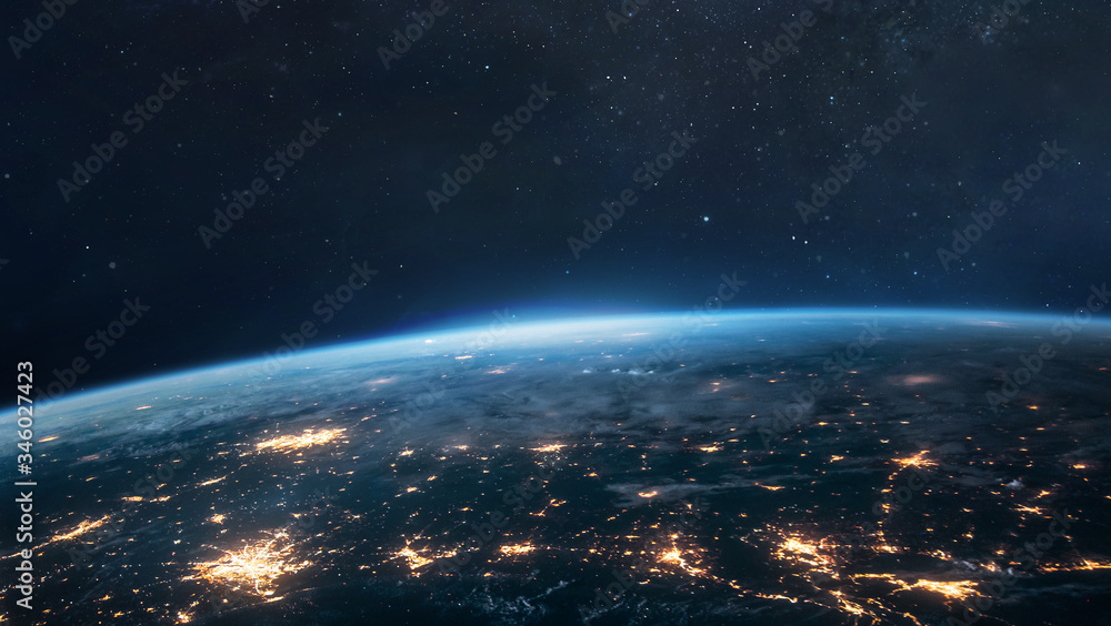 Aufkleber Nightly planet Earth in space. Orbit of the planet. City lights on surface. Elements of this image furnished by NASA