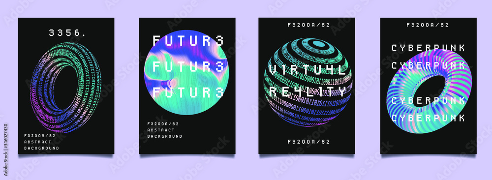 Aufkleber Set of vaporwave and synthwave style posters with binary code and 3d figures. Collection of futuristic cyberpunk covers for music, hackathon or science event.
