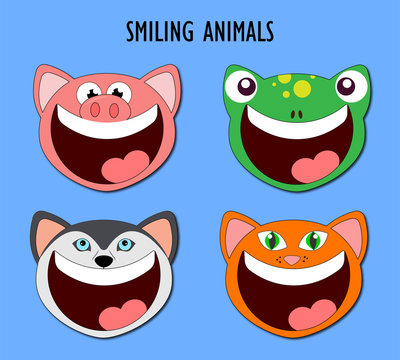 Smiling happy animals, Pig, Frog, Dog and Cat