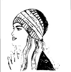 Sketch of a girl in traditional dress with stylish scarf and hijab 