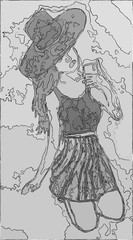 Sketch of a girl who is taking selfie - cartoonic girl is using smartphone