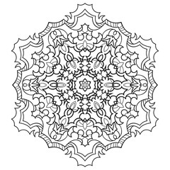 Fototapeta premium Snowflake decorative big mandala with simple decor on white isolated background. For coloring book pages.