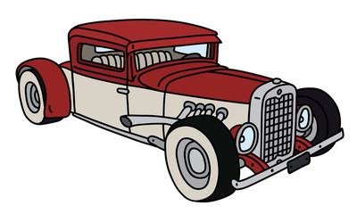The vectorized hand drawing of a funny red and white  hotrod