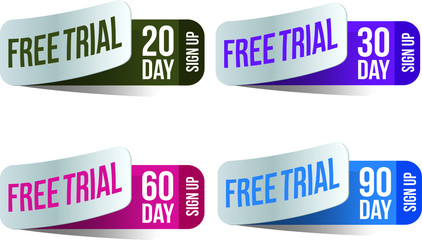 Free trial badges. 20, 30, 60, and 90-day stickers. Vector illustration
