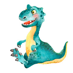 Watercolor childish illustration of a playful little green-blue sitting dinosaur