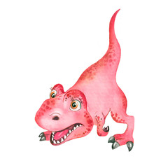 Watercolor childish illustration of a playful little pink dinosaur tyrannosaurus