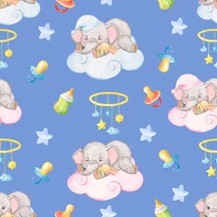 Tapeten Aquarellmuster mit schlafenden kleinen Elefanten, blauer Hintergrund, Muster mit kleinen Elefanten für die Dekoration von Babykleidung und Babybettwäsche © Евгения Гребнева