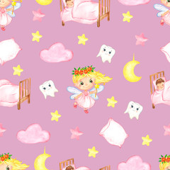 Watercolor pattern with tooth fairy, pink color, pattern with little tooth fairies for the decor of baby clothes and baby bedding