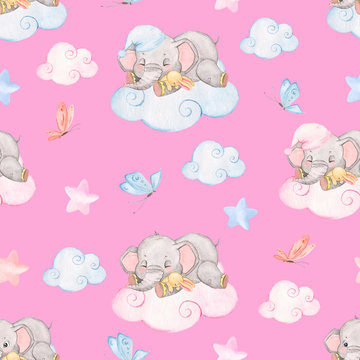 Watercolor pattern with sleeping little elephants, pink background, pattern with small elephants for the decor of baby clothes and baby bedding © Евгения Гребнева