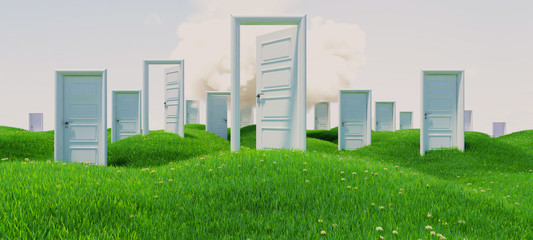 open and closed doors on green flowery hills under cloud 3D rendering