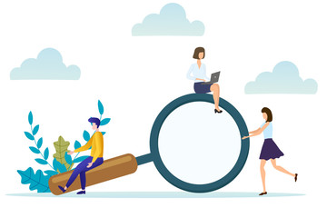 People near a large magnifying glass.The concept of the search for web pages search human resources.Vector illustration.