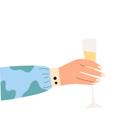 Female hand holding glass of sparkling wine. Woman's hans in bright clothes with memphis pattern holding glass. Alcohol drink. Concept of champagne lover. Side view. Flat vector illustration