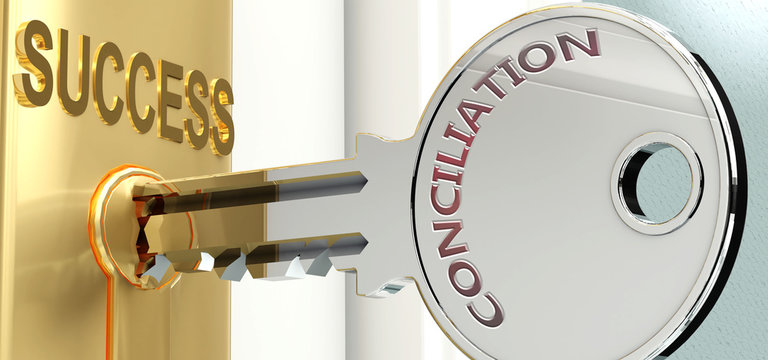 Conciliation and success - pictured as word Conciliation on a key, to symbolize that Conciliation helps achieving success and prosperity in life and business, 3d illustration