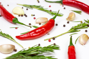 Summer vegetables: onion, garlic, tomato, red pepper, rosemary and peppercorns on white table background.