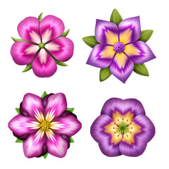 Fototapeta na wymiar digital botanical illustration, assorted purple pink flowers set, collection of floral clip art isolated on white background. Colorful summer nature design elements