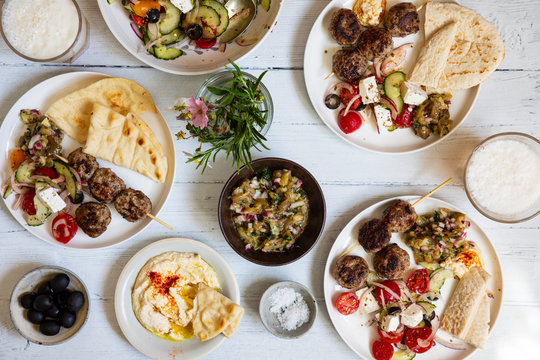 Greek Meze Meal With Lamb Meatballs, Hummus And Salad