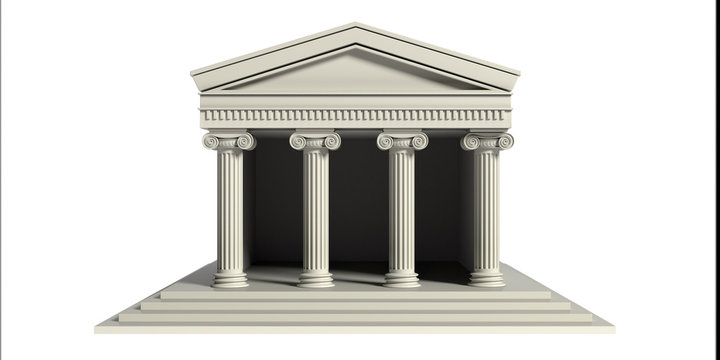 Ancient temple with four marble columns isolated on white background. 3d illustration