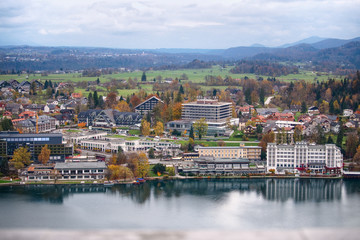 Fall panoramic cityscape of Bled - city, Slovenia