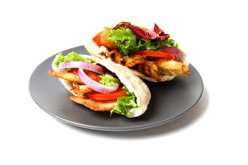 Chicken Shawarma In Pita Aish On Black Plate Isolated On White Background. Ramadan Food Concept.