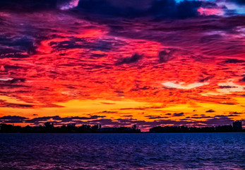 sunset over sea, sky, cloudscape, red, intense, yellow, horizon, reflection, colorful, dusk