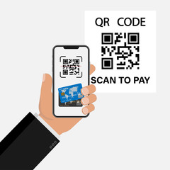 QR code. Scan to pay, online shopping , cashless technology concept. Scanning barcode with telephone. Vector illustration