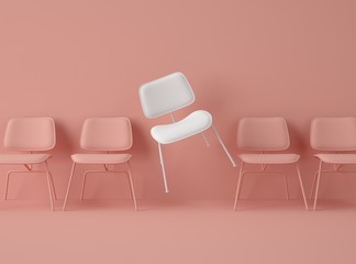 3D Illustration. Row of chairs with one with different colour.