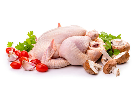 Raw Chicken And Vegetables. Isolate On White Background