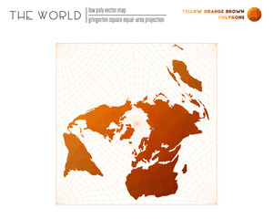 Polygonal world map. Gringorten square equal-area projection of the world. Yellow Orange Brown colored polygons. Elegant vector illustration.
