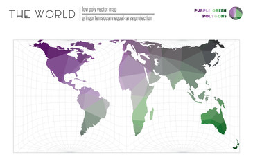 Low poly world map. Gringorten square equal-area projection of the world. Purple Green colored polygons. Trending vector illustration.