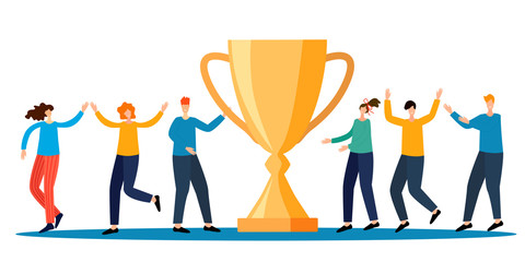 People are happy to win.The concept of joint victory and team achievements.People near the Cup celebrate the victory.Vector illustration.