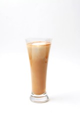 Latte Coffee In Glass Isolated On White Background. Side View, Copy Space, Vertical Orientation.