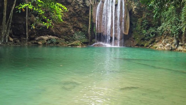 Waterfall water cascade near tree in green forest. 4K video clip