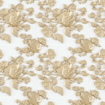 3d Render Pattern Gold Flowers On A White Background, Seamless