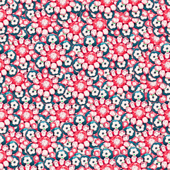 Red, white and blue floral seamless print, jewel pearl flower.  Textile 